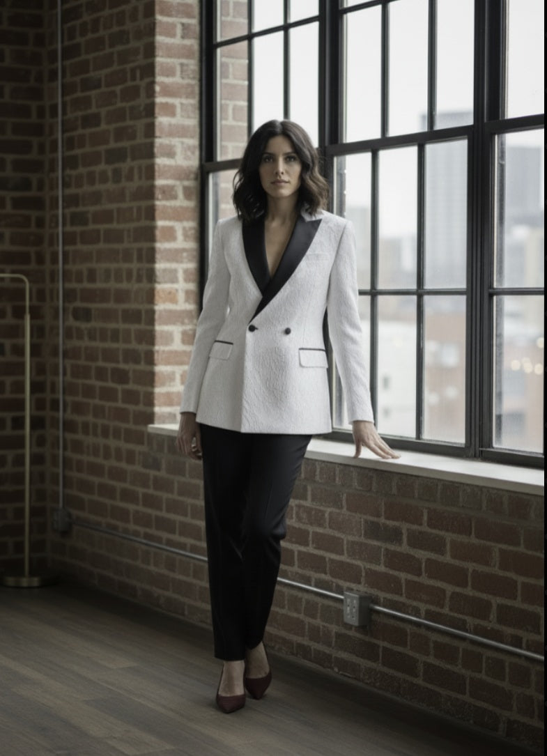 Woman in a white blazer with black lapels standing by a large window in an urban setting.