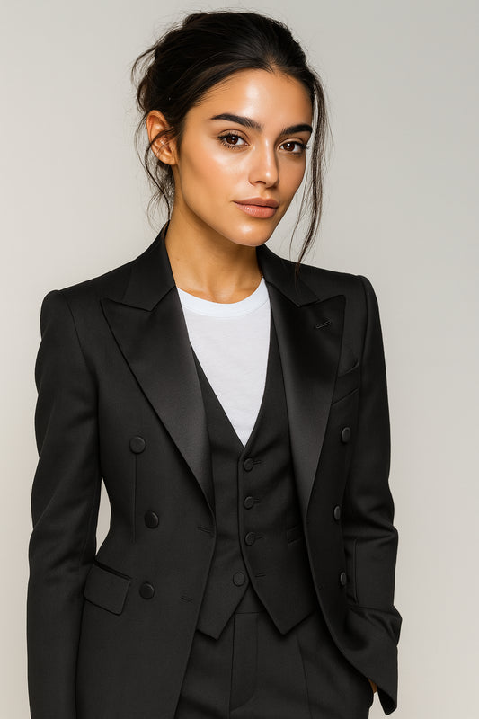 Black Wool Twill / Blend Three Piece Women's Evening Suit  / Style No DBT6735