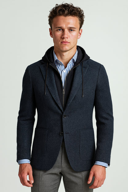 Blue Textured Casual Single Breasted Jacket  / Plus Grey Trousers Style No DBU9062/ DAV7768
