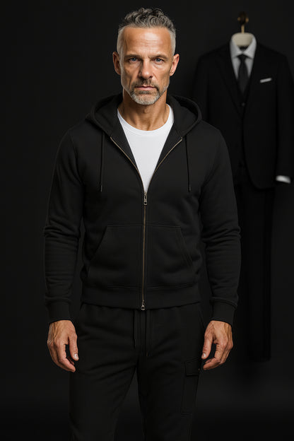 Black Casual Hooded Zip Jacket  / Plus Black Trousers Style No DBU9009