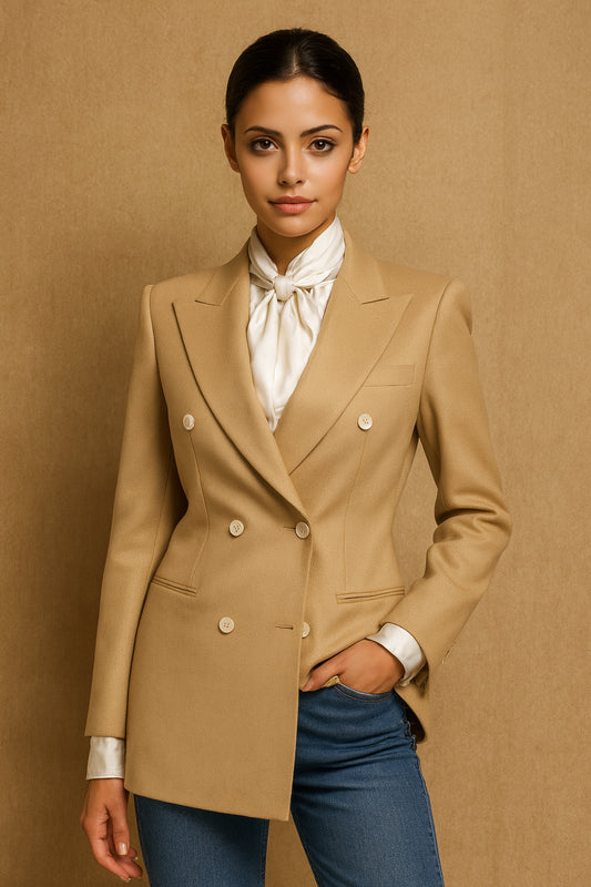 Tan Wool / Cashmere jacket Women's Evening Wear with Custom Jeans  / Style No DBU9075