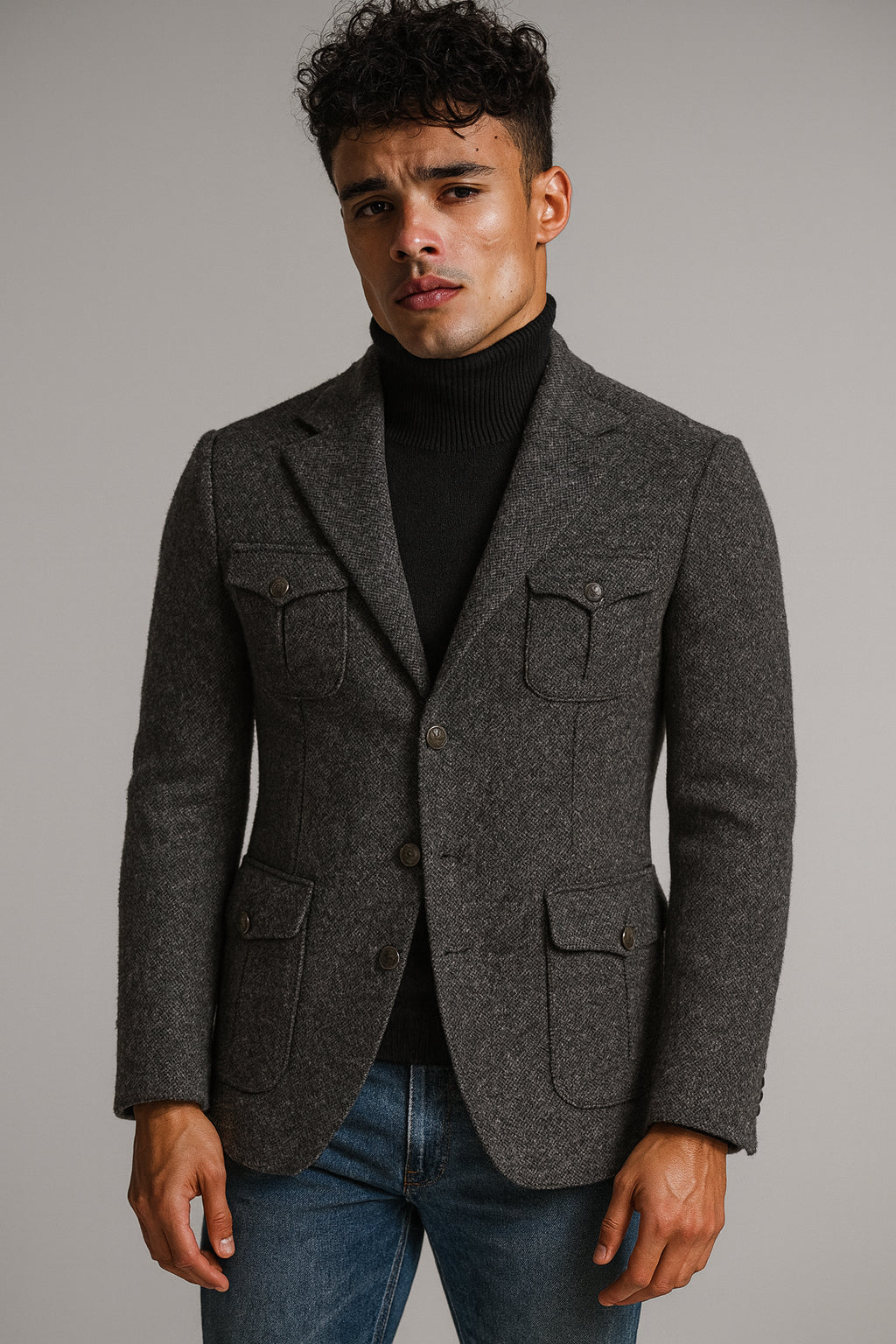 Charcoal Tweed Jacket  / Plus Custom denim Jeans  Style No DBU9064- DAV7762