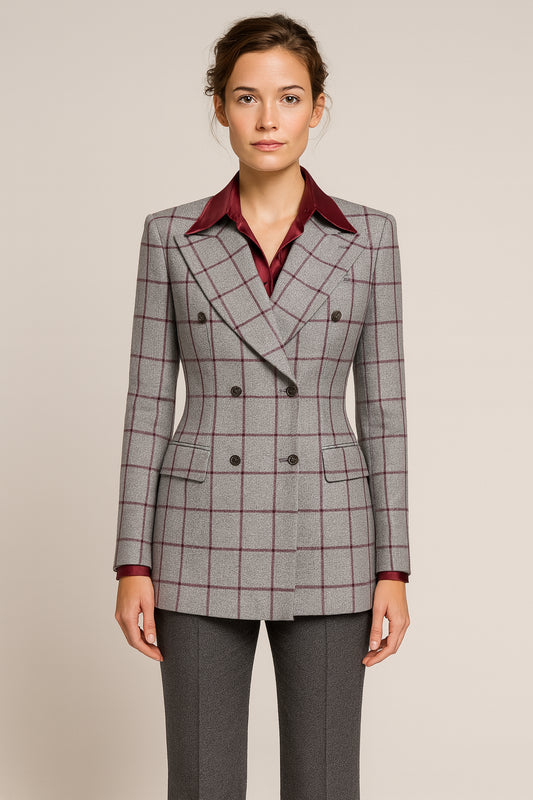 Grey-Wine Women's Double Breasted Check Wool Jacket  / Style No DBV084A
