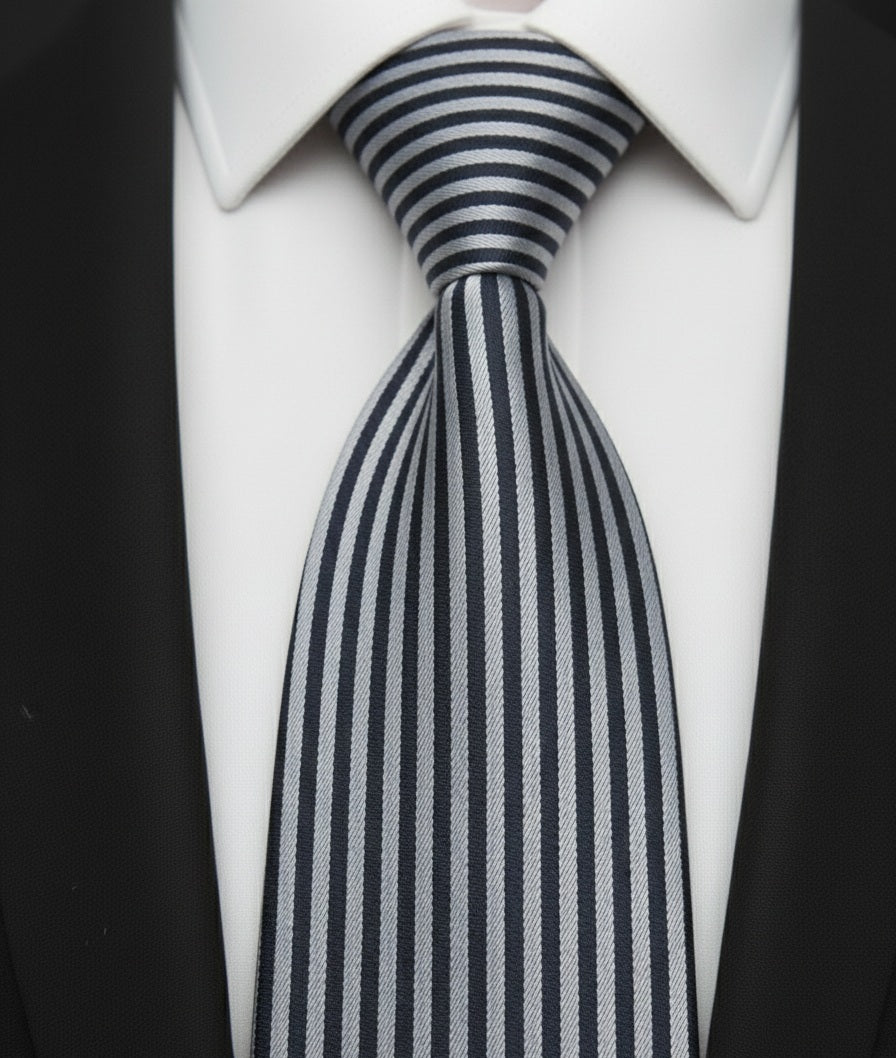 Close-up of a striped tie on a white shirt with black lapels