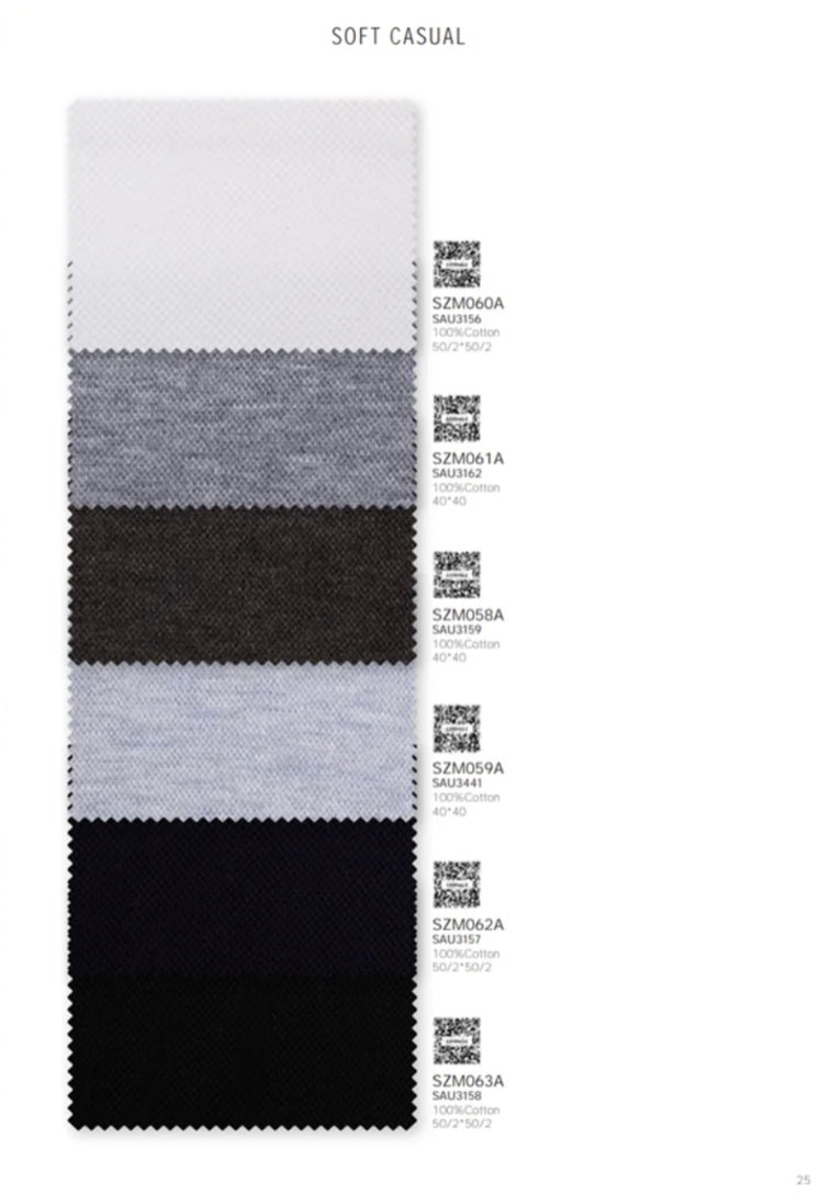 Color swatch card with soft casual fabric samples in gray, black, and white.