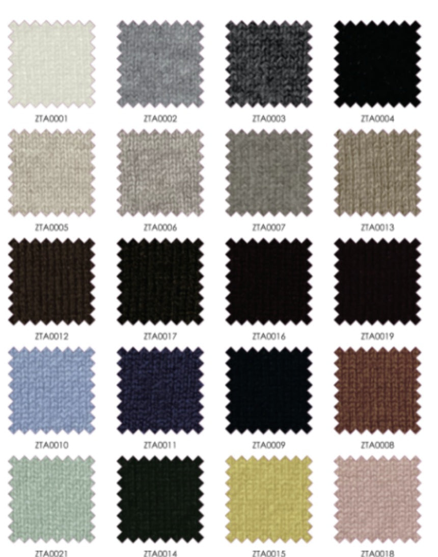 Color swatch chart with various fabric textures and colors.