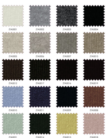 Color swatch chart with various fabric textures and colors.