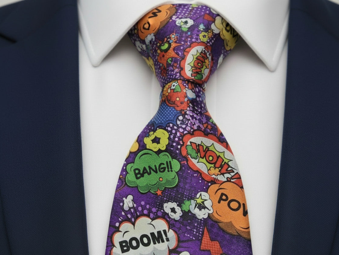 Colorful tie with comic book-style graphics worn with a suit and white shirt