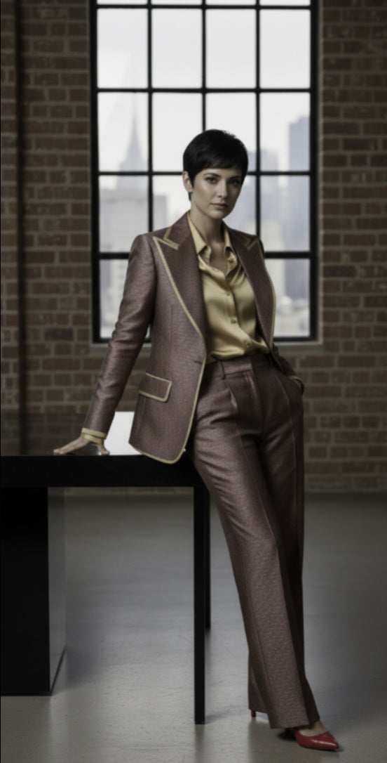 Woman in a brown suit standing in front of a large window with a cityscape view.