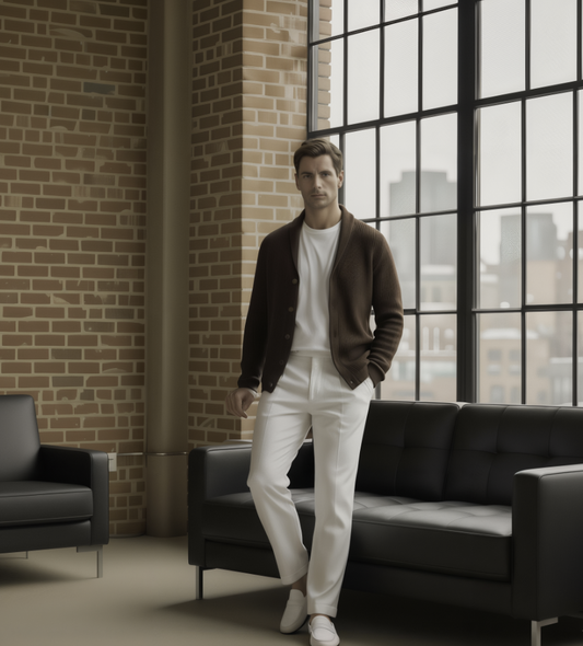Man standing in a modern room with large windows and brick wall