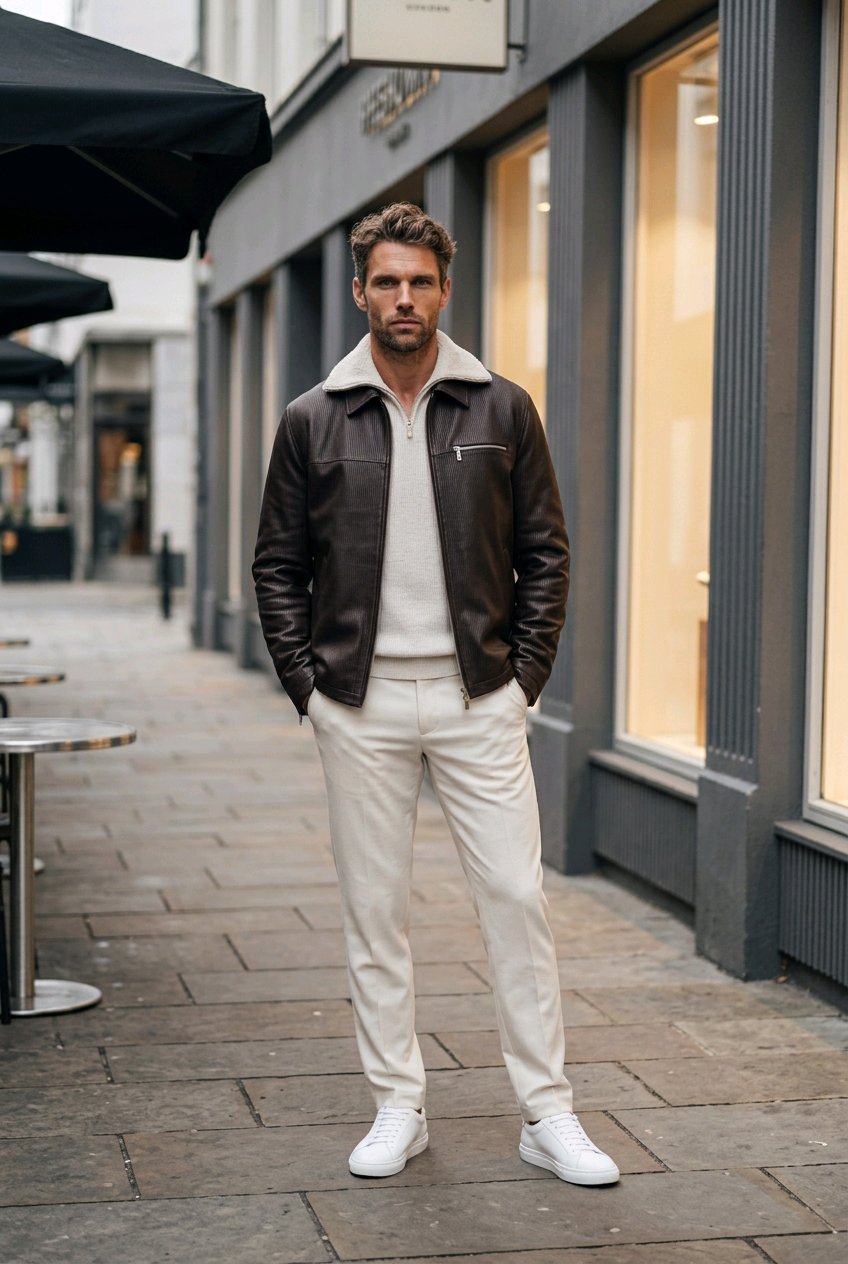 Dark Brown Leather Jacket & Ivory Trousers