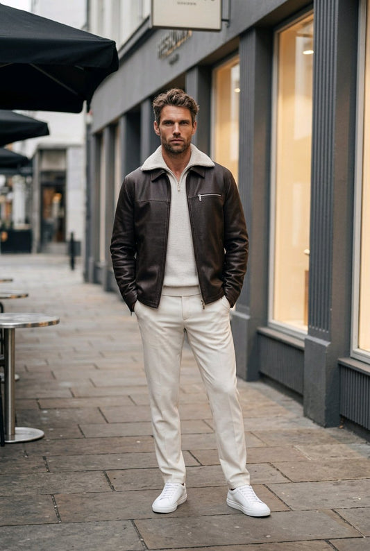 Dark Brown Leather Jacket & Ivory Trousers