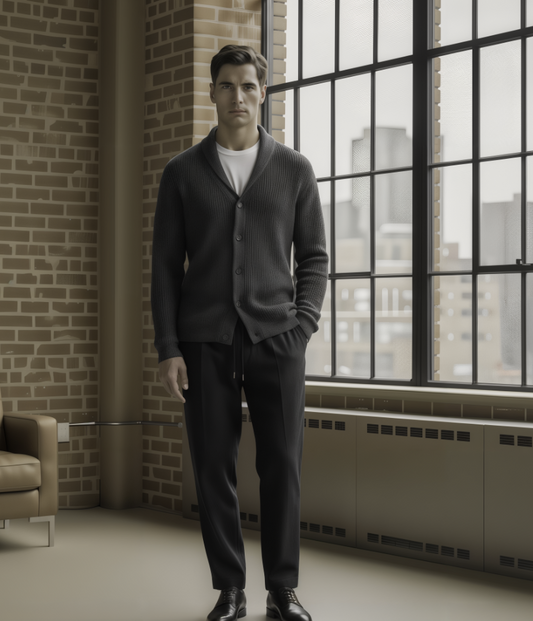 Man in a gray cardigan and dark pants standing in a room with large windows and brick wall.
