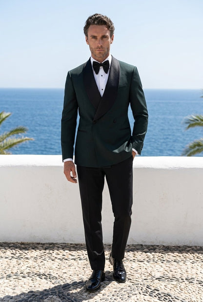 2pc Dark Green Double Breasted Tuxedo Jacket and Black Formal Trousers / Italian Pure Wool Super 110'S