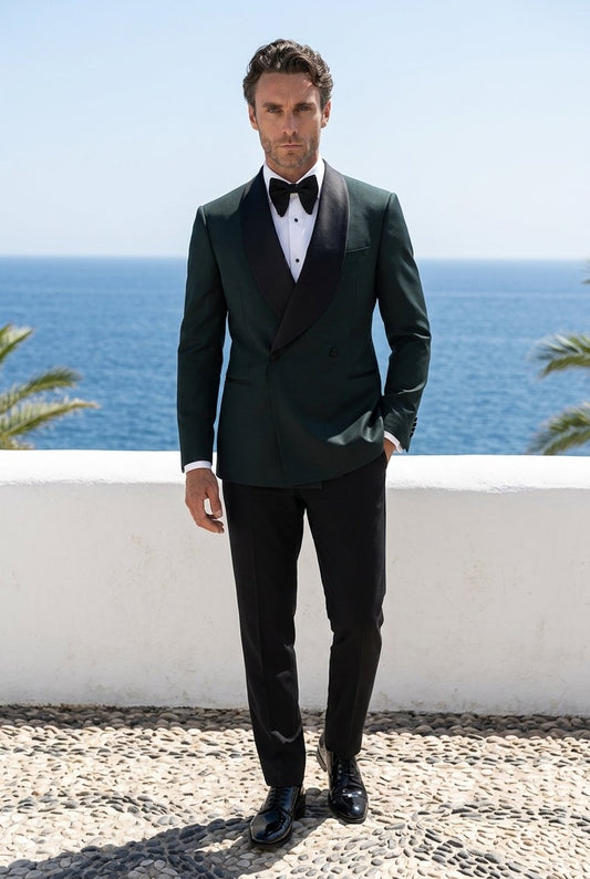 2pc Dark Green Double Breasted Tuxedo Jacket and Black Formal Trousers / Italian Pure Wool Super 110'S
