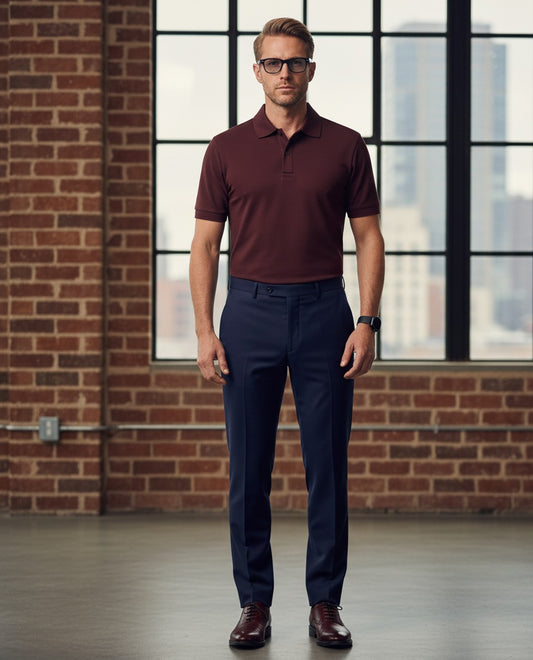 Man wearing a maroon polo shirt and navy pants standing in front of a brick wall with large windows.