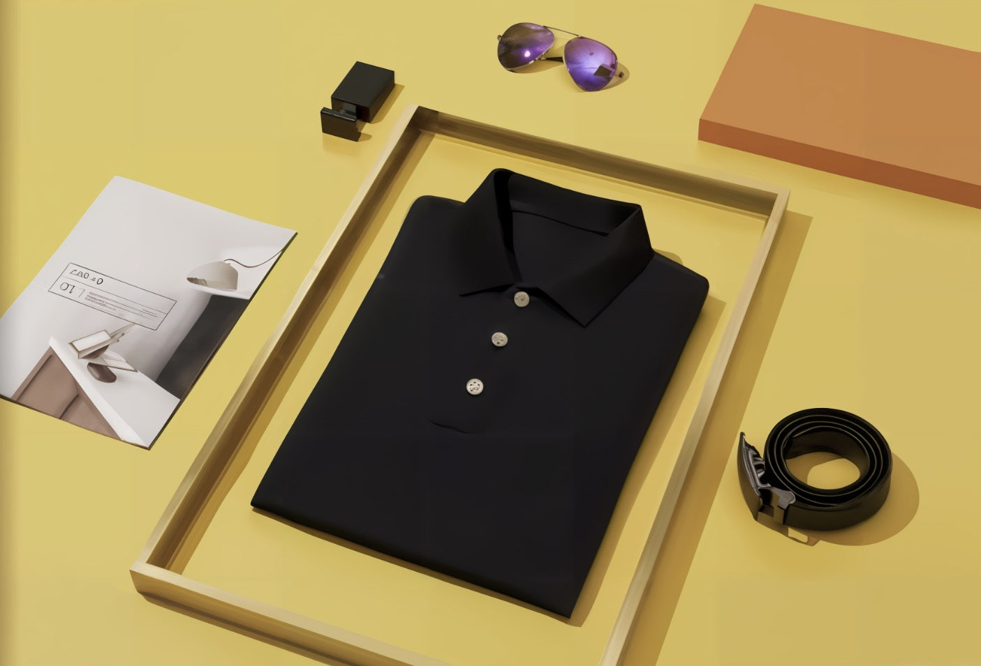 Navy shirt with accessories on a yellow background
