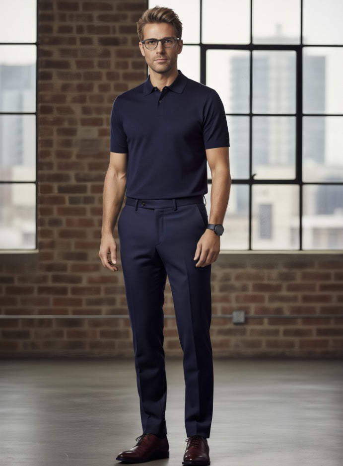 Man wearing a navy blue polo shirt and pants standing in front of a brick wall with large windows.