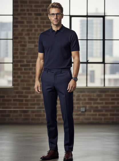 Man wearing a navy blue polo shirt and pants standing in front of a brick wall with large windows.