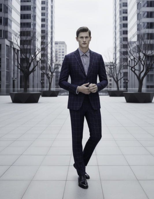 Dark Navy/ Purple Check Single Breasted / Two Piece Suit Italian Pure Wool Super 110'S