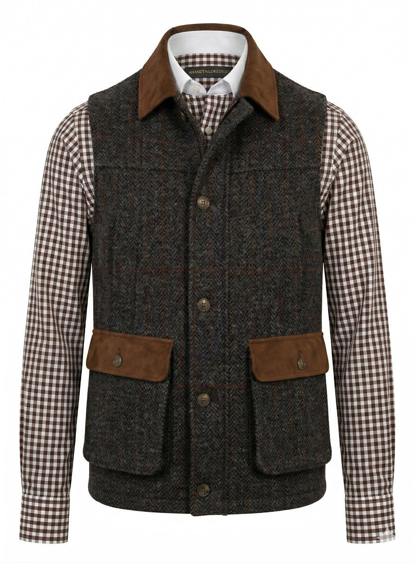 Dark brown vest with brown accents over a checkered shirt on a white background