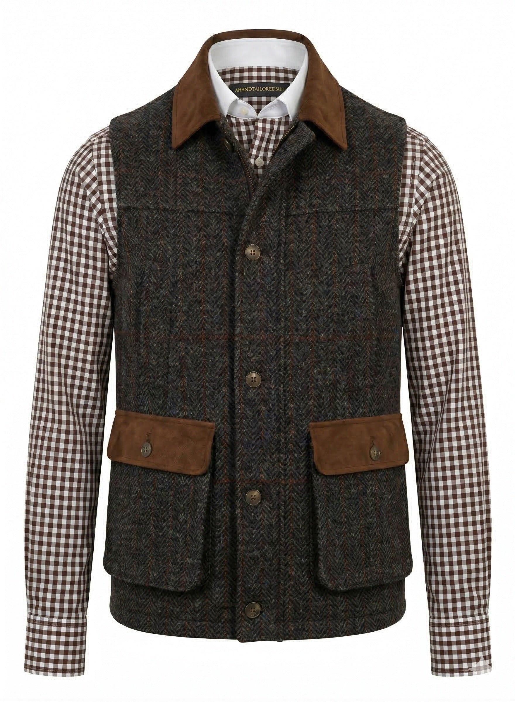 Dark brown vest with brown accents over a checkered shirt on a white background
