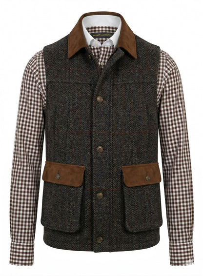 Dark brown vest with brown accents over a checkered shirt on a white background