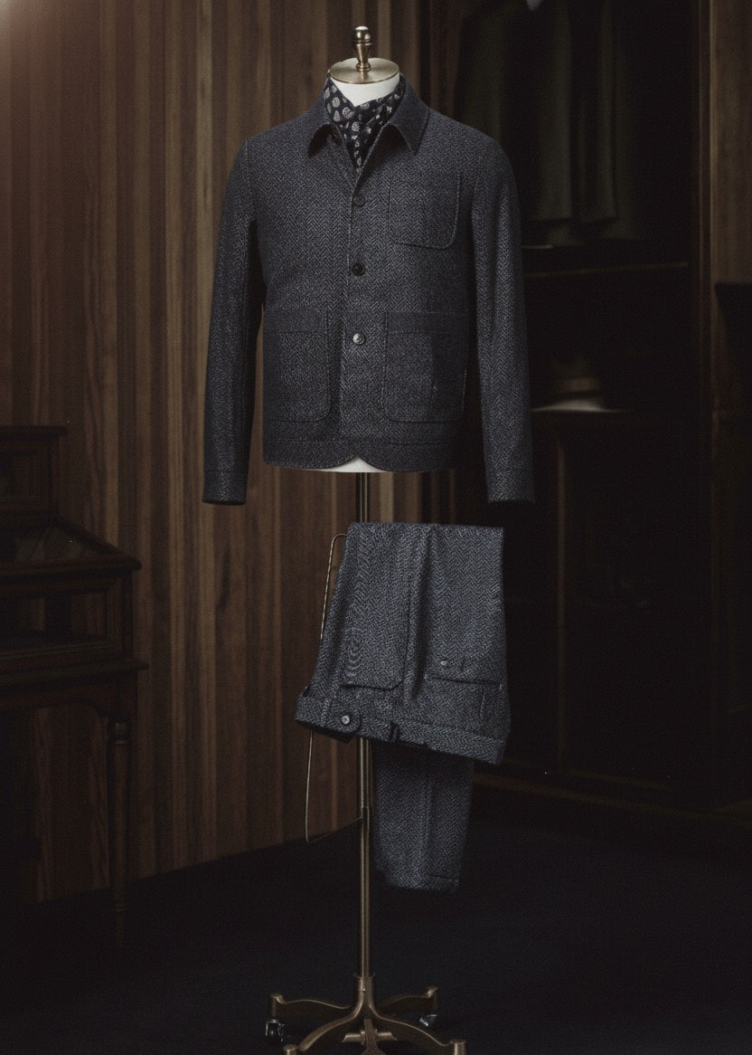 Dark gray textured jacket displayed on a mannequin against a dark background