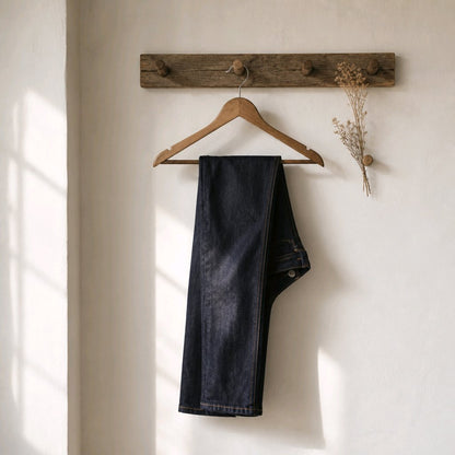 Dark indigo denim jeans hanging from a wooden hanger on a rustic wooden wall rack against a white wall with soft window light shadows.
