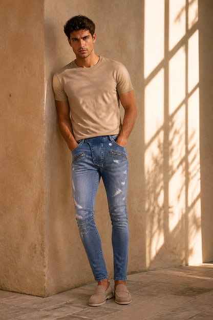 A man wearing a beige crew-neck t-shirt, blue distressed skinny jeans, and beige loafers, leaning against a textured beige wall in a sunlit room with window shadows.
