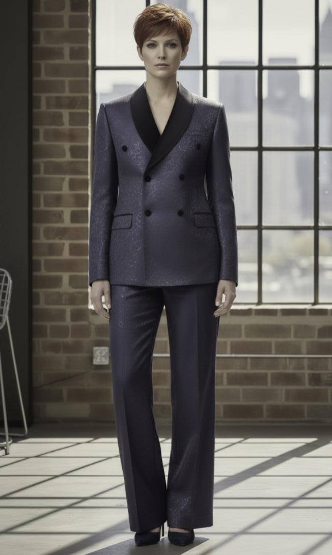 Woman in a dark suit standing in a room with large windows and a cityscape view.