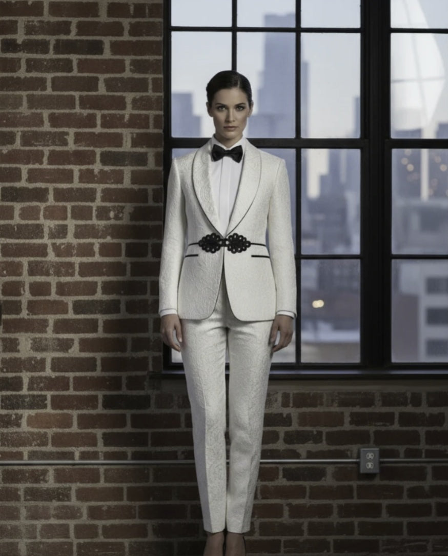 Women's Tuxedo Ivory and Black Jacquard Jacket / Style Number J39157/220