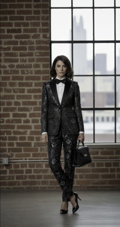 Woman in a black floral suit standing in front of a brick wall with large windows.