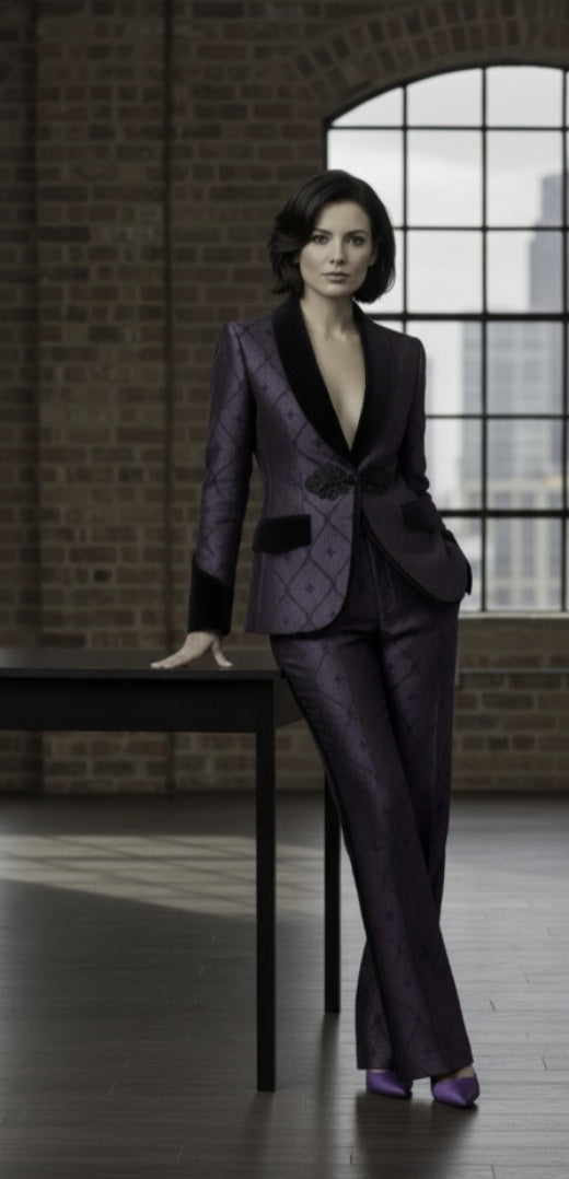 Woman in a dark purple suit standing in a room with brick walls and large windows.