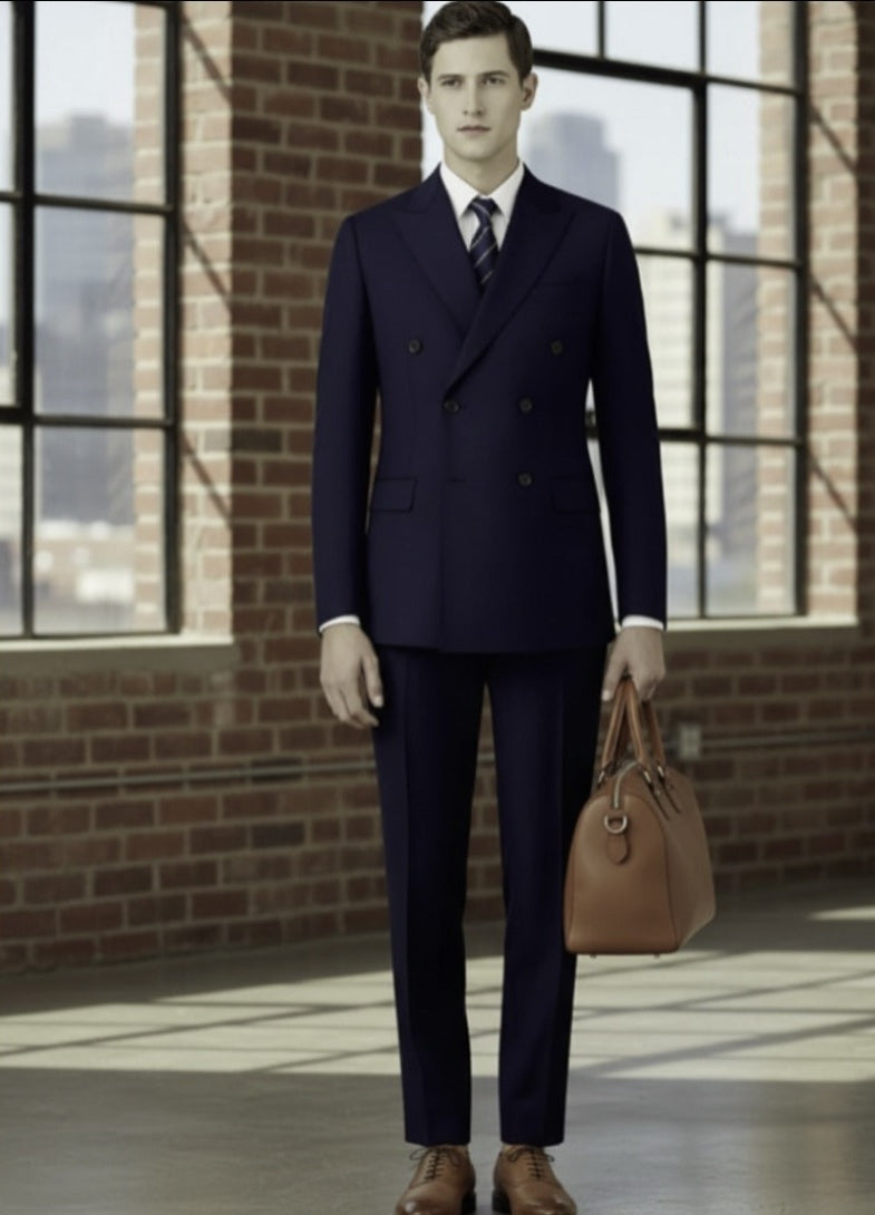 English Double Breasted Pure Wool Dark Blue Super 120's Two Piece Suit