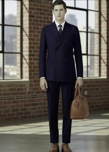 English Double Breasted Pure Wool Dark Blue Super 120's Two Piece Suit