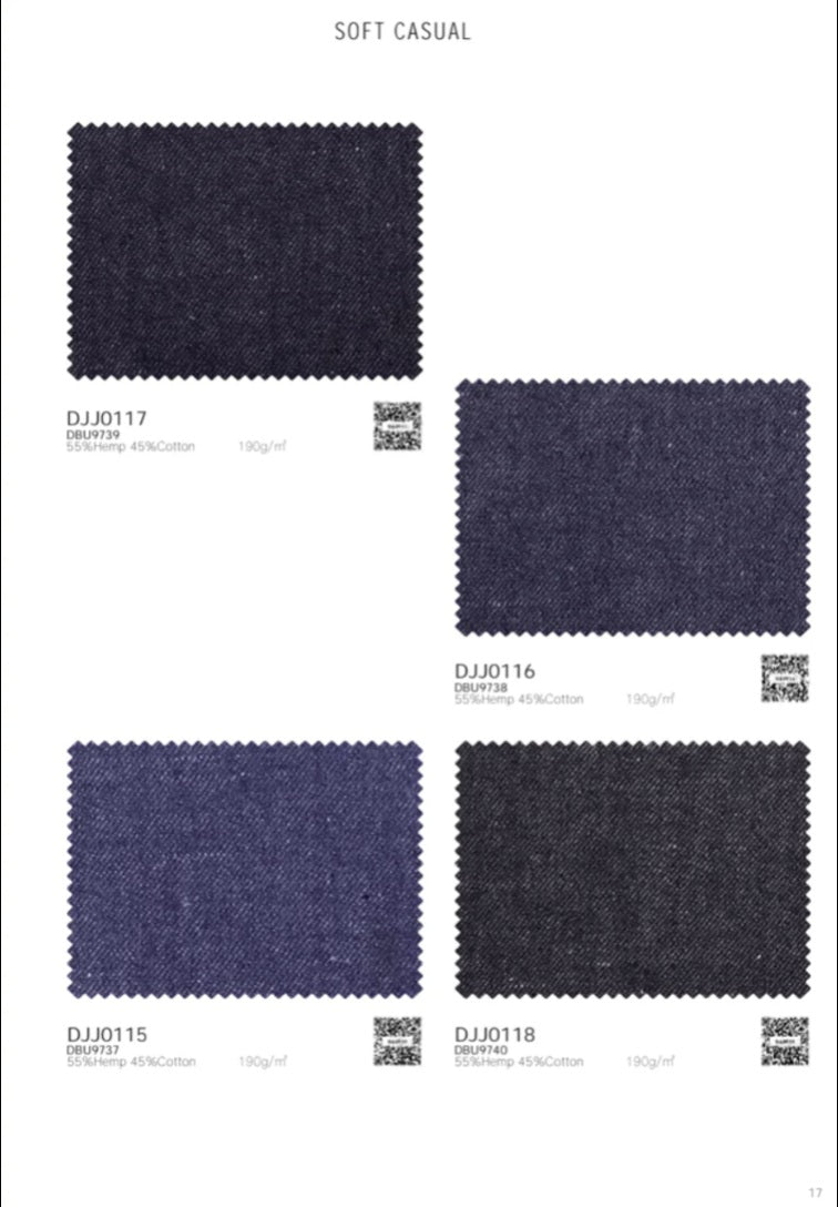 Fabric swatches labeled 'Soft Casual' with different denim textures on a white background.