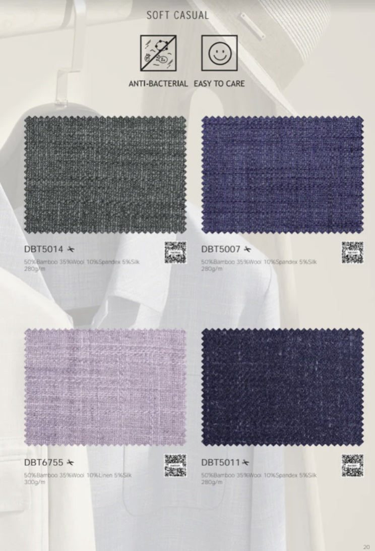 Fabric swatches with color options and text indicating properties like 'Anti-Bacterial' and 'Easy to Care'.