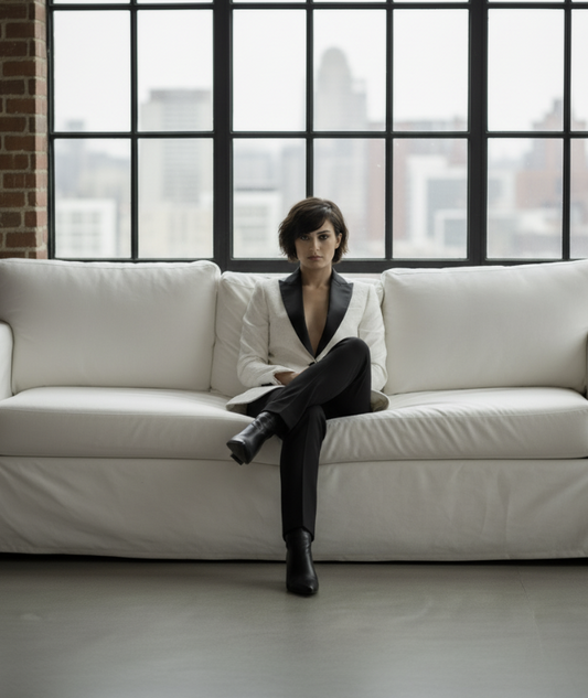Person sitting on a white couch in a room with large windows and cityscape view.