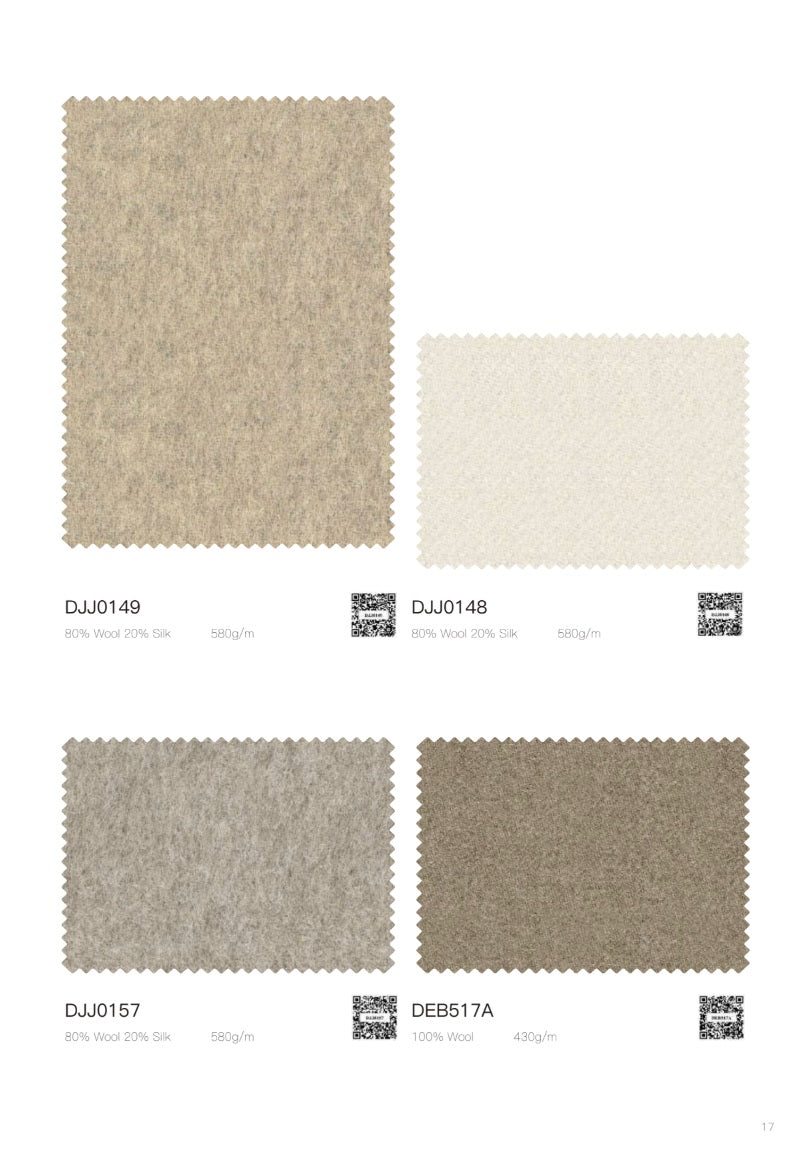 Four fabric or material swatch samples arranged on a white page, each with a small text label and QR code. The swatches are in warm beige, off-white, light gray-beige, and taupe-brown tones.