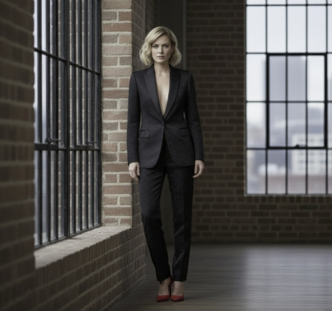 Woman in a black suit standing in an industrial-style room with brick walls and large windows.