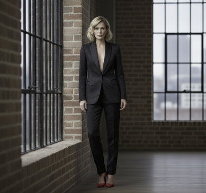 Woman in a black suit standing in an industrial-style room with brick walls and large windows.