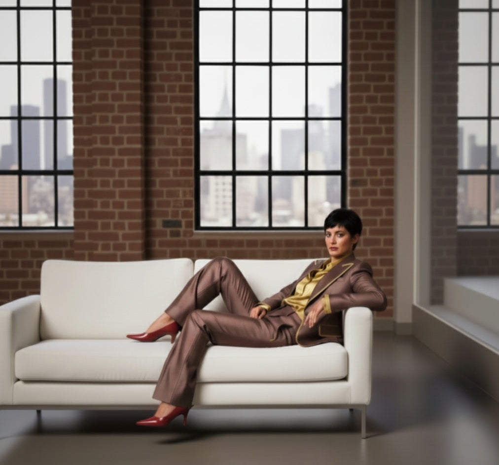 Lady in a Burgundy and Gold suit sitting on a white couch with a cityscape in the background