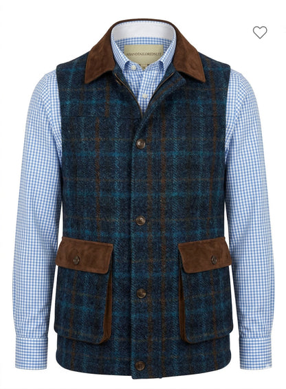 Tweed navy, blue and brown check Gilet
