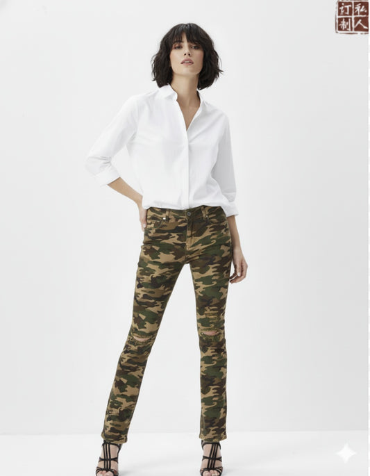 Women's Special Edition Japanese Selvedge Fitted Denim Biker Jeans Destroyed Camouflage