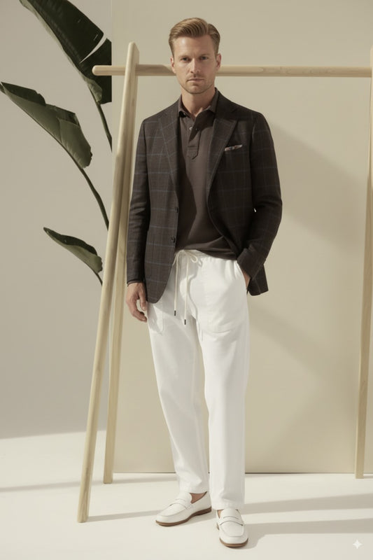 Soft Casual / Wool - Linen Single Breasted Brown Check Jacket Style No DZZ0051