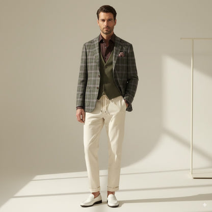 Soft Casual / Wool - Linen Single Breasted Green Check Jacket Style No DZZ0049
