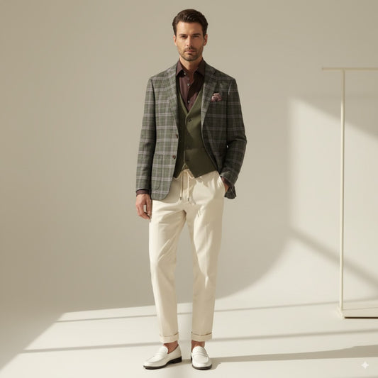 Soft Casual / Wool - Linen Single Breasted Green Check Jacket Style No DZZ0049