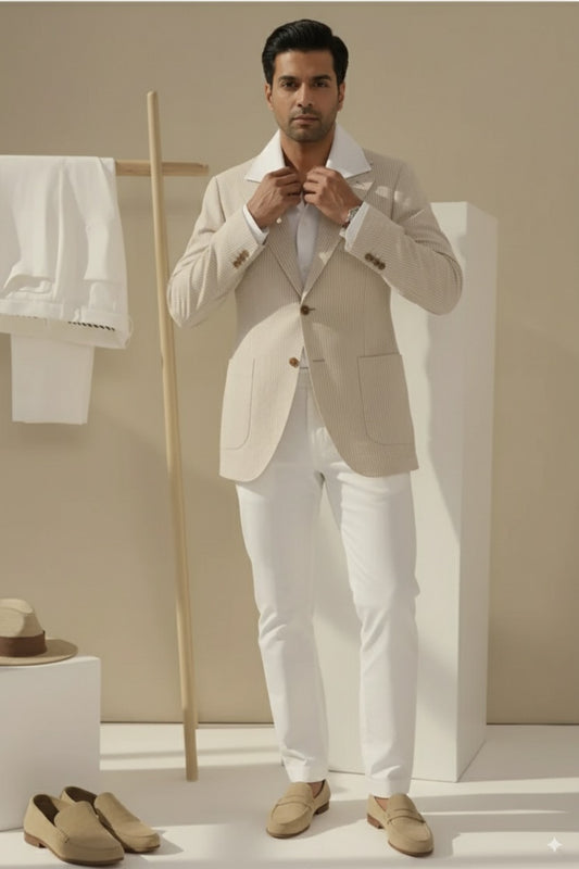 Soft Casual / Seersucker Jacket Beige Stripe Cotton-Polyester Style No DBV3126