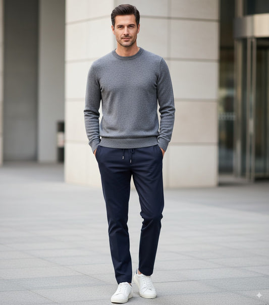 Grey Crew Neck 10% Cashmere 90% Wool Plain Knit